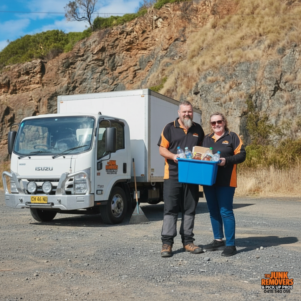 Illustration (not a photo) of John and Leanne Cook helping the community with a donation box, The Junk Removers