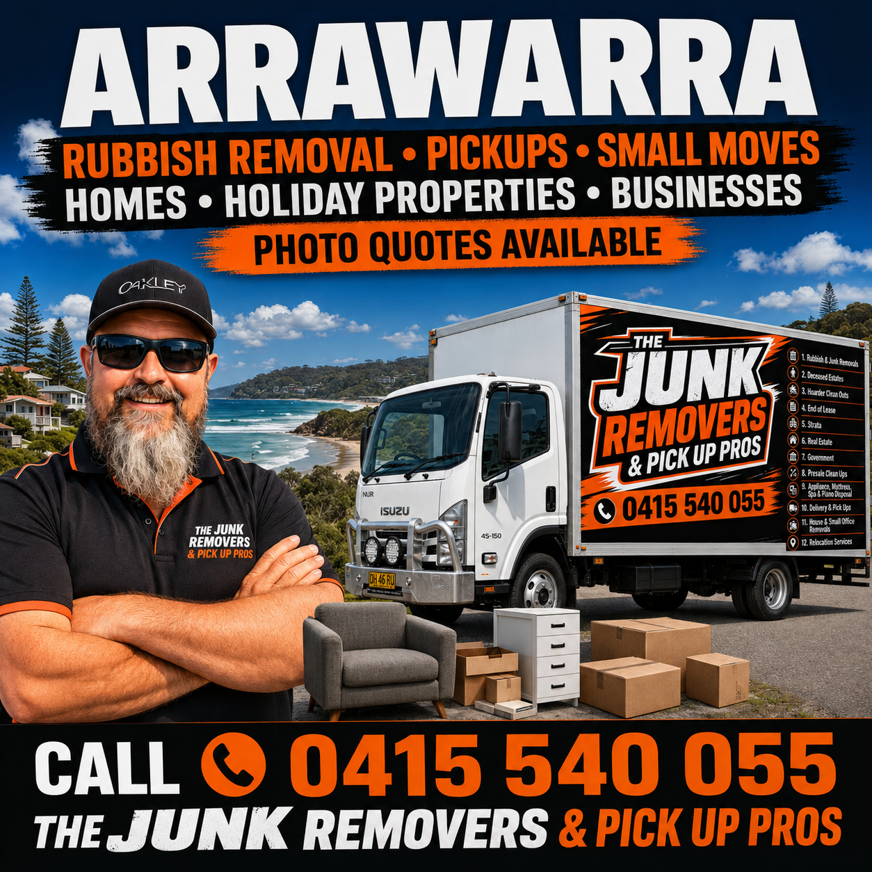 Graphic promoting rubbish removal, pickups and small moves around Arrawarra