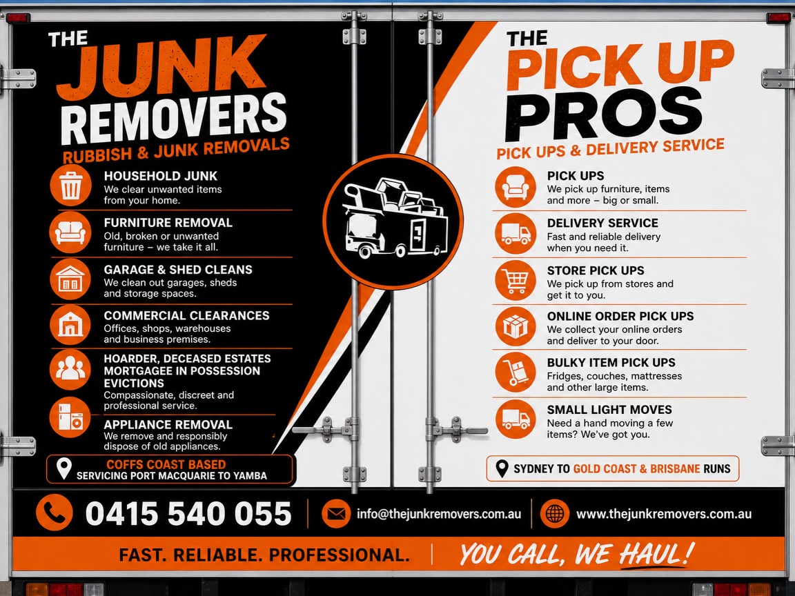 The Junk Removers truck rear panels listing our rubbish removal and pickup delivery services