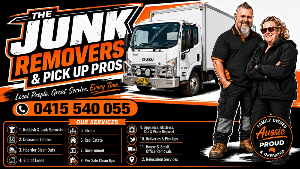 The Junk Removers & Pick Up Pros family visual showing John and Leanne Cook beside an enclosed Isuzu truck, with the services list and phone number