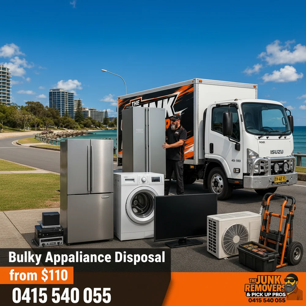 Bulky appliance disposal graphic from The Junk Removers, showing fridges, a washing machine and an enclosed Isuzu truck with a from $110 price
