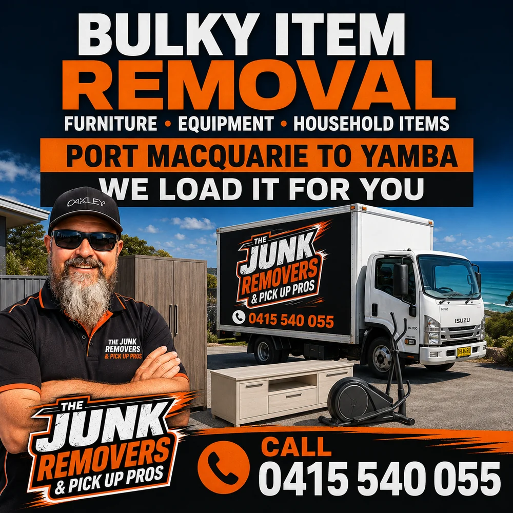 Bulky item removal graphic from The Junk Removers showing furniture and equipment loaded by the crew