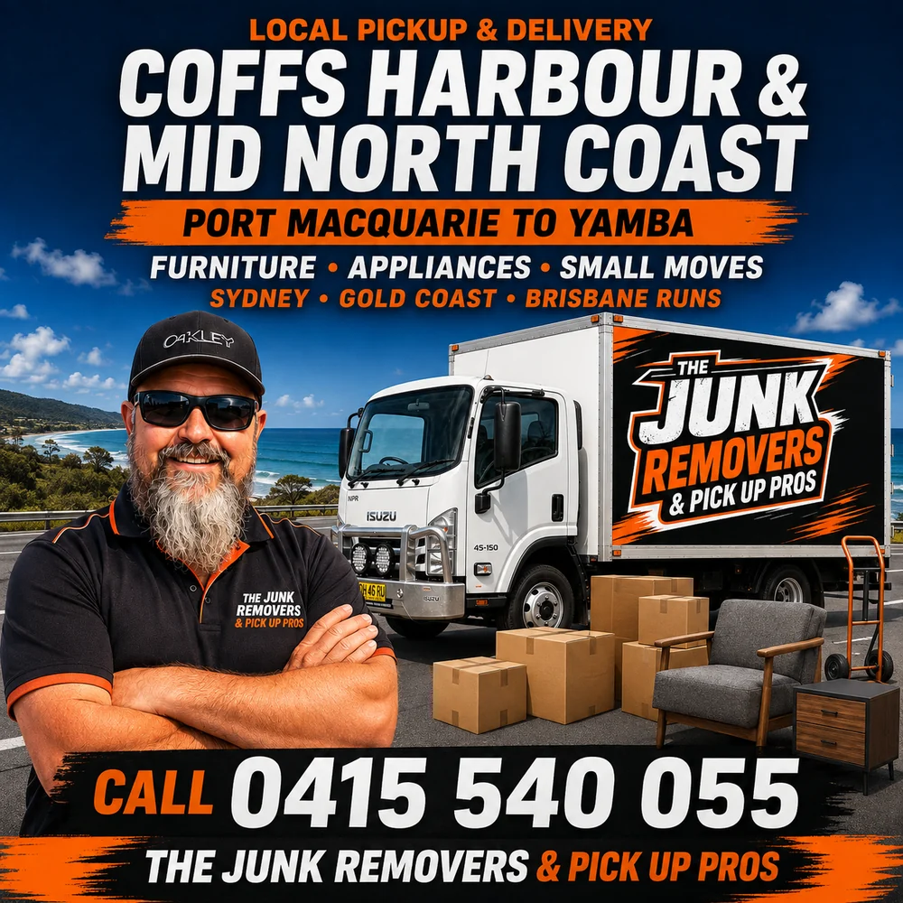 Coffs Harbour local pickup and delivery graphic from The Junk Removers showing furniture, boxes and an enclosed Isuzu truck