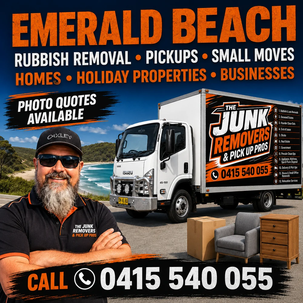 Rubbish removal, pickups and small moves graphic for Emerald Beach from The Junk Removers, with photo quotes available