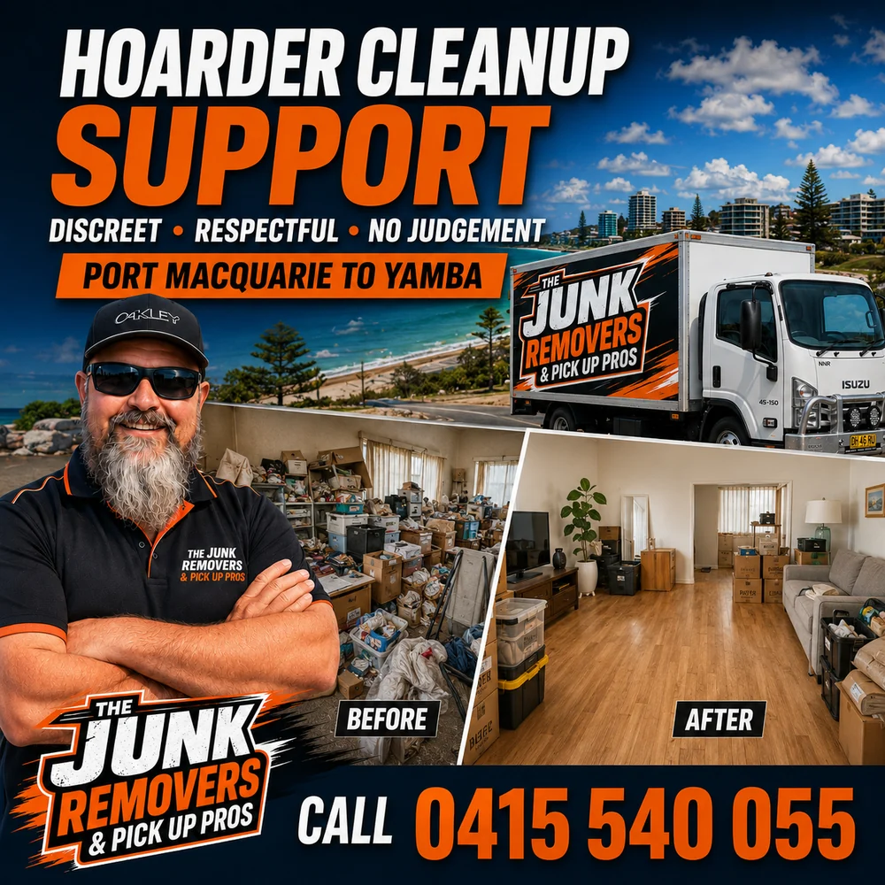 Hoarder clean-up support graphic from The Junk Removers, showing a before and after clean-up, with a discreet and respectful approach
