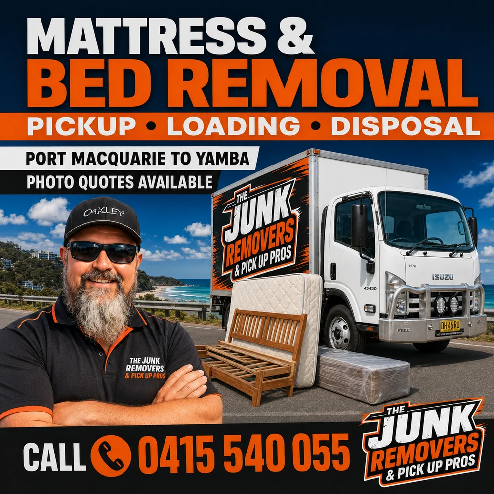 Mattress and bed removal graphic showing pickup, loading and disposal from The Junk Removers