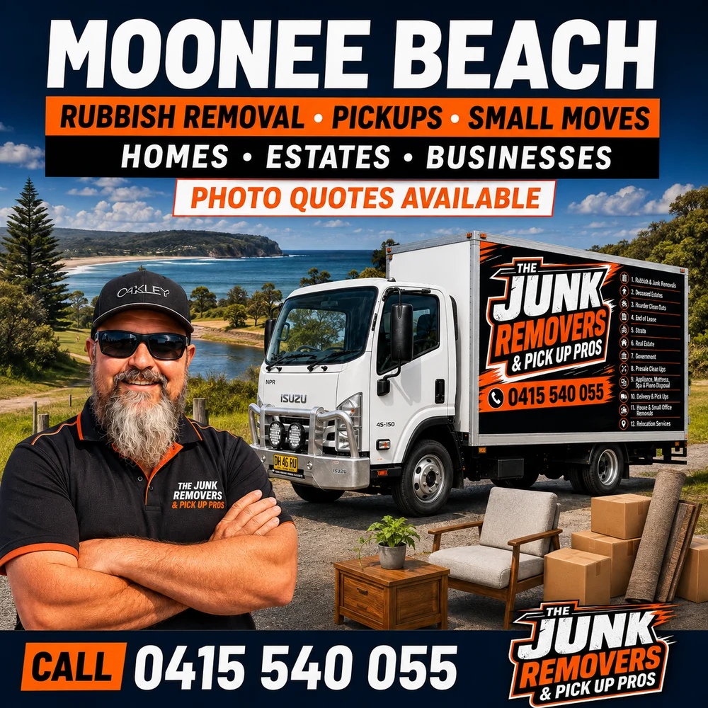 Rubbish removal, pickups and small moves graphic for Moonee Beach from The Junk Removers, with photo quotes available
