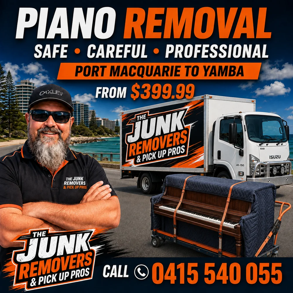 Piano removal graphic showing a piano strapped to a trolley beside The Junk Removers truck
