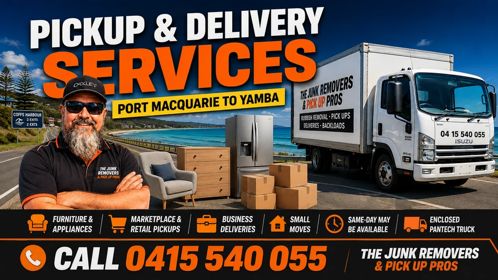 Pickup and delivery services graphic for The Junk Removers, showing furniture and an enclosed Pantech truck on the Port Macquarie to Yamba coast