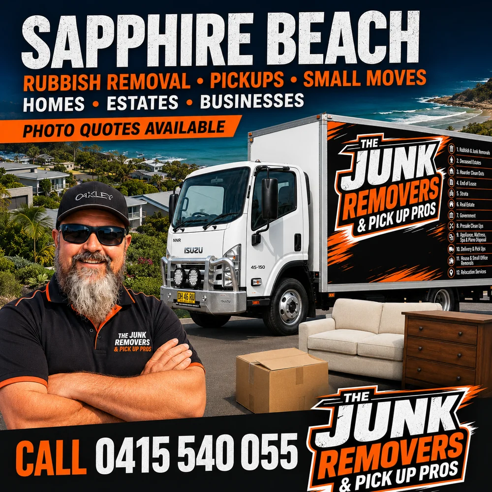 Rubbish removal, pickups and small moves graphic for Sapphire Beach from The Junk Removers, with photo quotes available