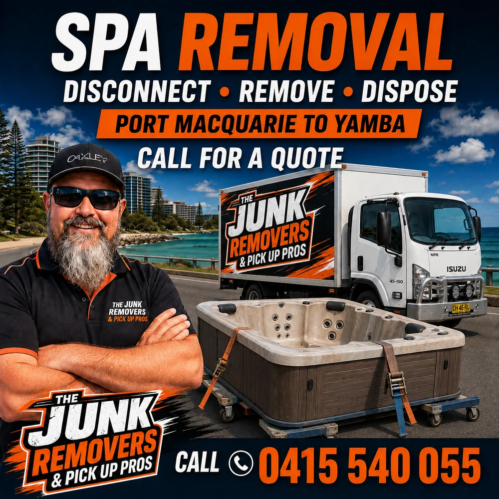 Spa removal graphic showing a spa on a dolly, with disconnect, remove and dispose services