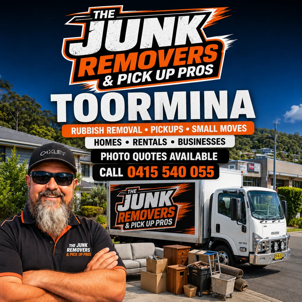 Rubbish removal, pickups and small moves graphic for Toormina from The Junk Removers, with photo quotes available