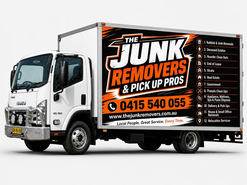 Mock-up of The Junk Removers & Pick Up Pros enclosed Isuzu Pantech truck with services and phone number