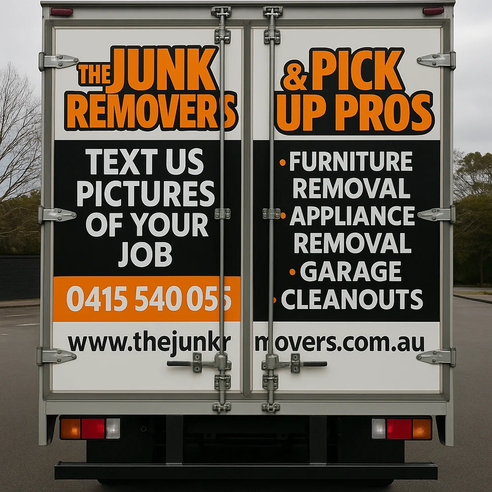 Rear doors of The Junk Removers enclosed truck with services and the phone number for photo quotes