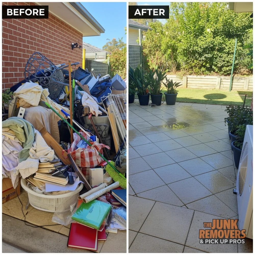 Before and after photos of a veranda clean-up by The Junk Removers, showing a cluttered brick wall on the left and a cleared paved area on the right