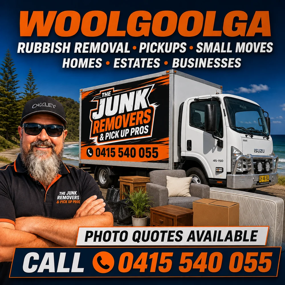 Rubbish removal, pickups and small moves graphic for Woolgoolga from The Junk Removers, with photo quotes available