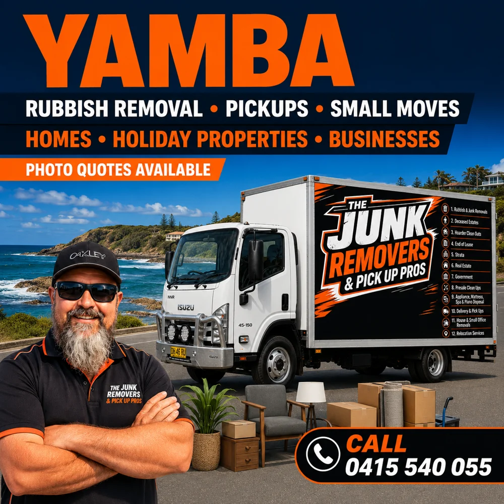 Rubbish removal, pickups and small moves graphic for Yamba from The Junk Removers, with photo quotes available
