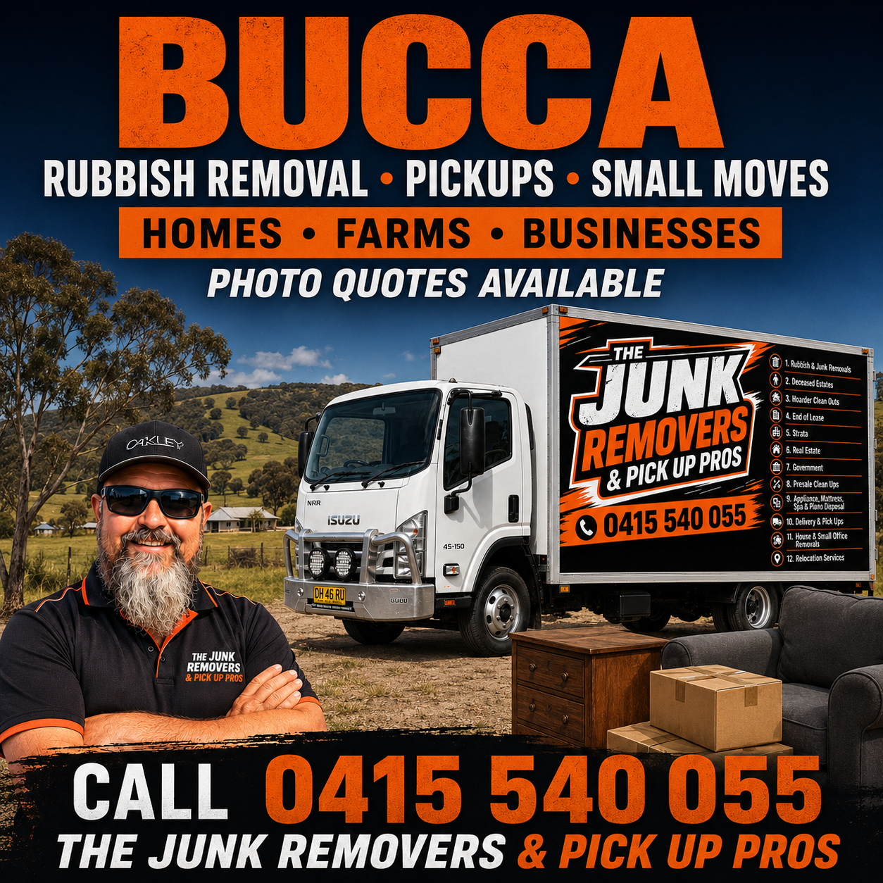 Graphic promoting rubbish removal, pickups and small moves around Bucca