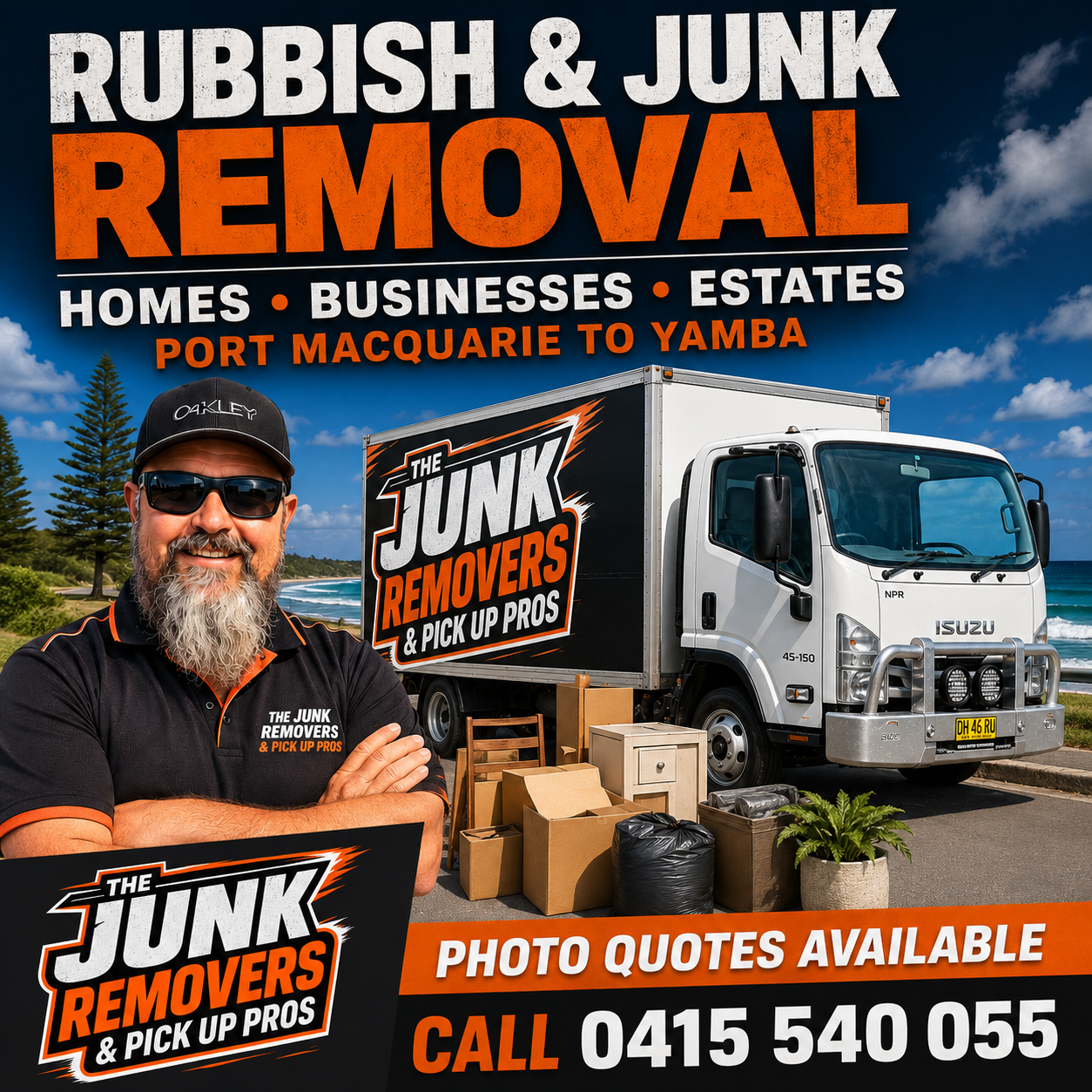 Graphic promoting rubbish and junk removal for homes, businesses and estates from Port Macquarie to Yamba